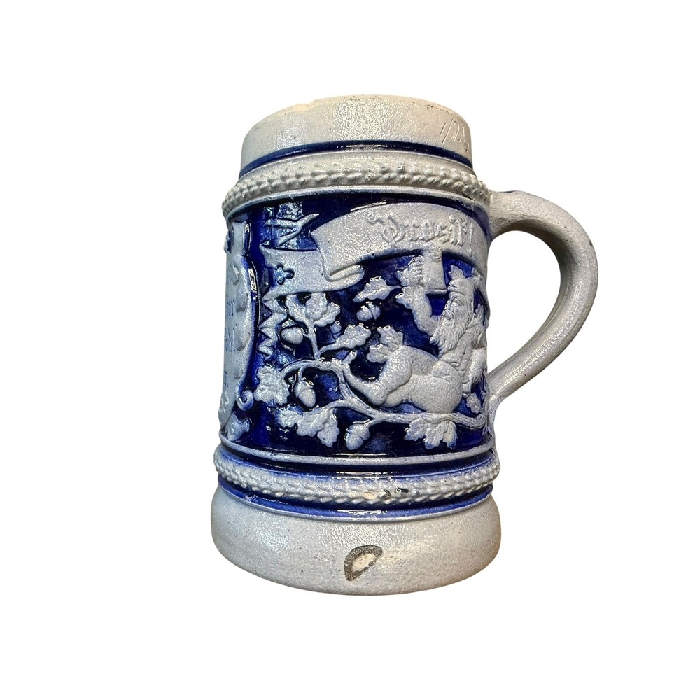Vintage German Beer Stein Wohl Bekomms Gnome Salt Glaze Cobalt Blue Mug